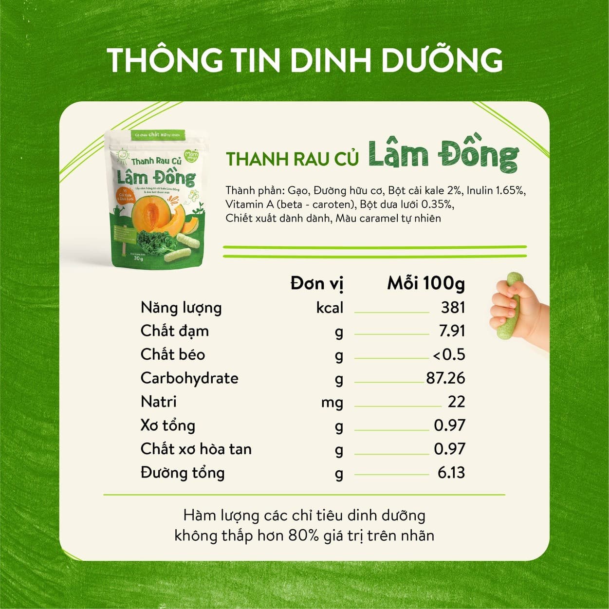 Bánh thanh rau củ Lâm Đồng vị Cải Kale & Dưa Lưới 30 g 3