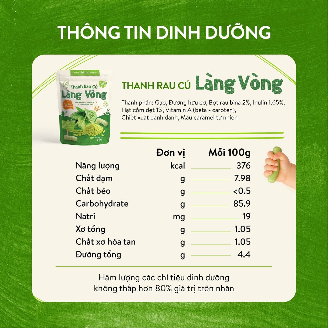 Bánh thanh rau củ Làng Vòng vị Rau Bina & Cốm Non 30 g 3
