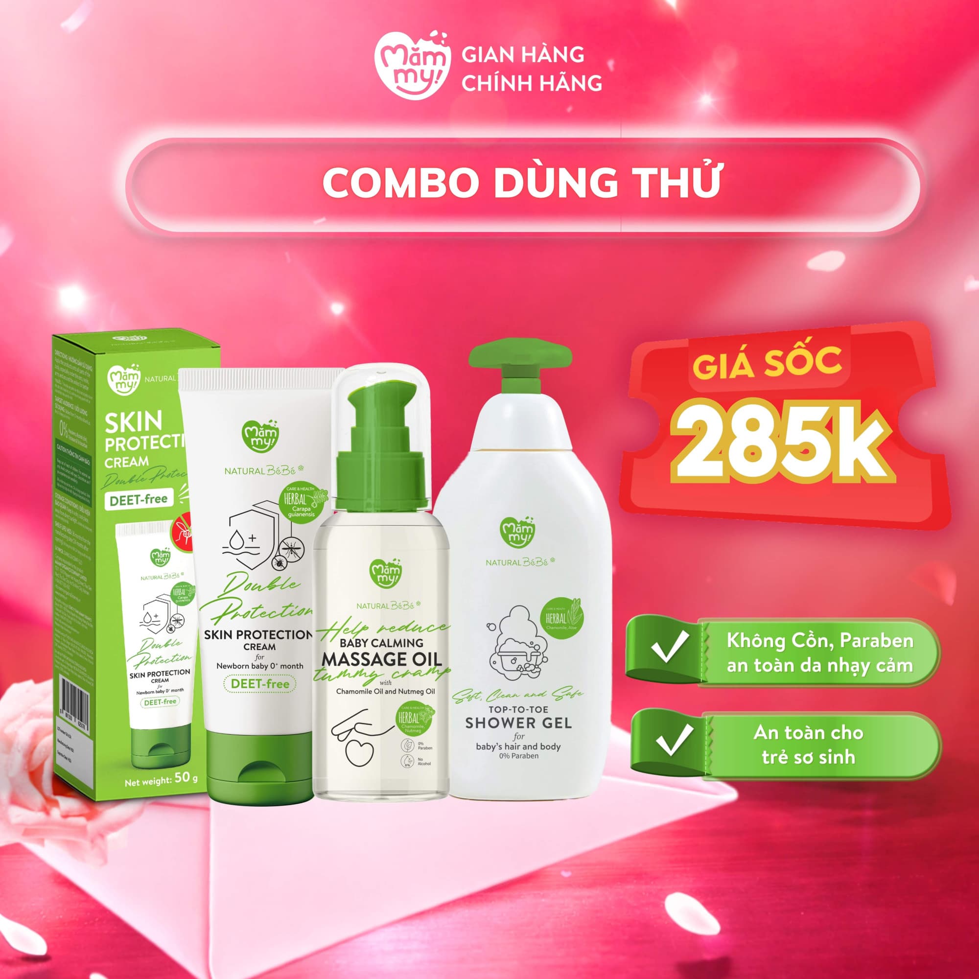 Combo Cosmetic Dùng thử: Sữa tắm gội 200ml, Kem chống muỗi 50g, Dầu massage 120ml